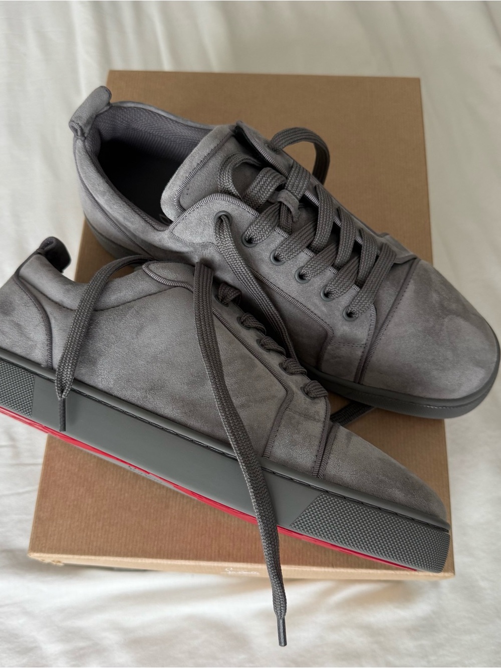 Christian Louboutin Men's Gray Suede Low-Top Sneakers with Red Sole